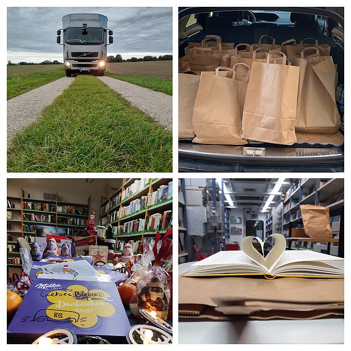 Vier Bilder mit frontalem Bücherbus, Papiertüten, Süßigkeiten mit Bücherregalen im Hintergrund und einem aufgeklappten Buch mit Herz